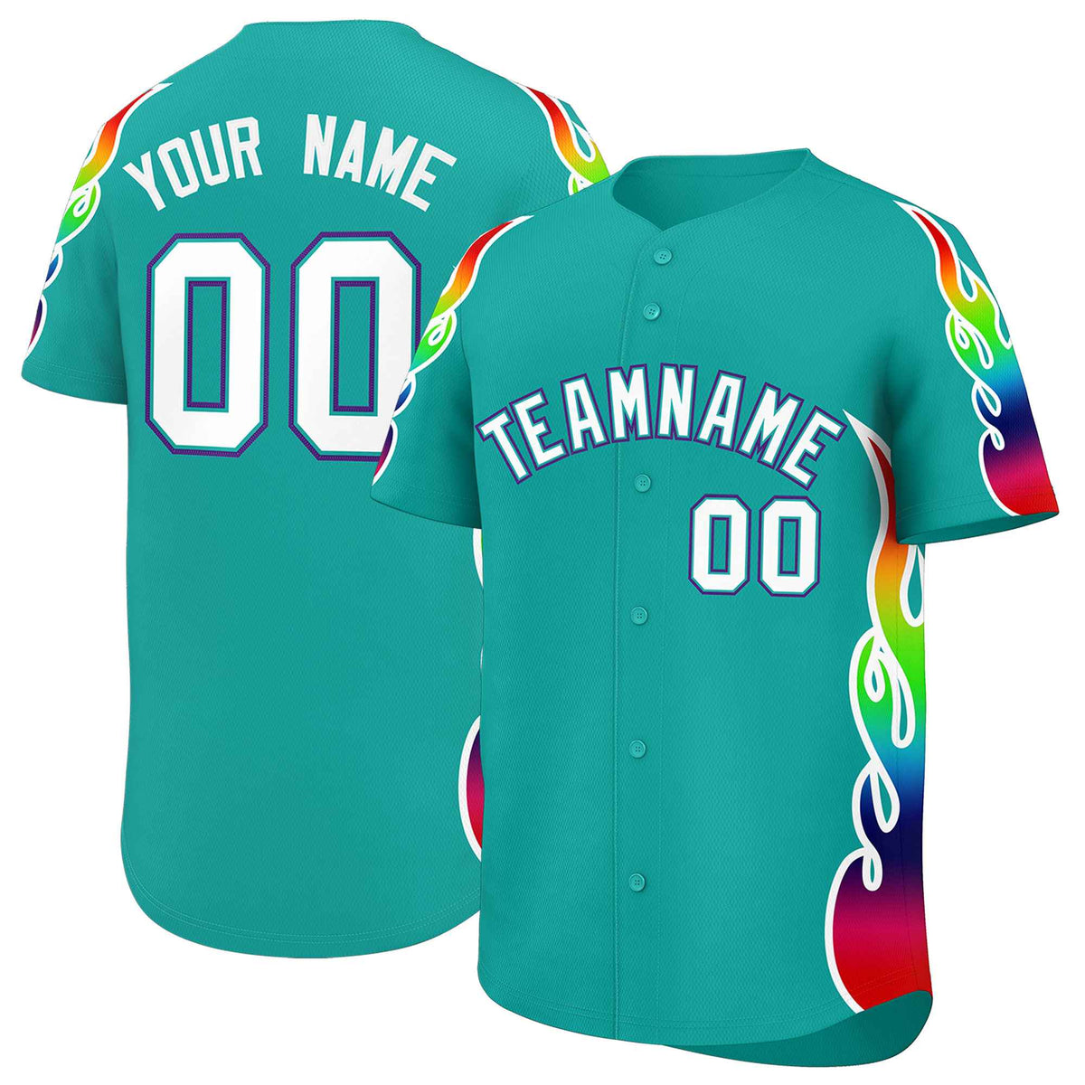 Custom Aqua Graffiti Pattern Personalized Multicolored Flames Print Authentic Baseball Jersey