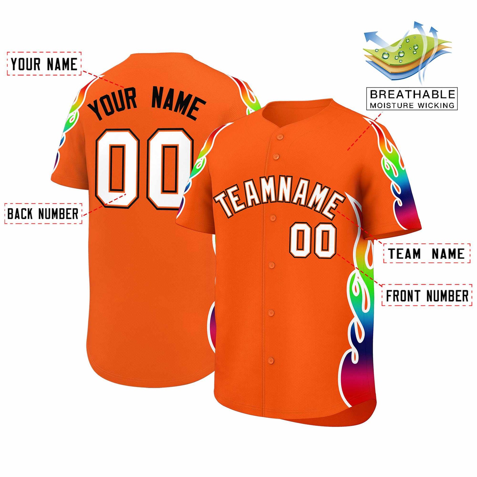 Custom Orange Graffiti Pattern Personalized Multicolored Flames Print Authentic Baseball Jersey