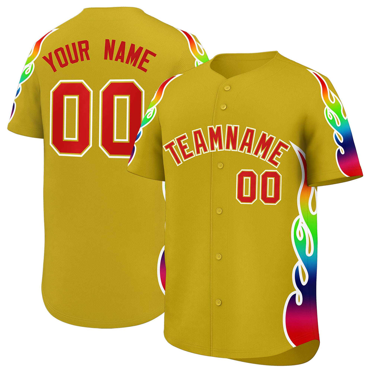 Custom Old Gold Graffiti Pattern Personalized Multicolored Flames Print Authentic Baseball Jersey