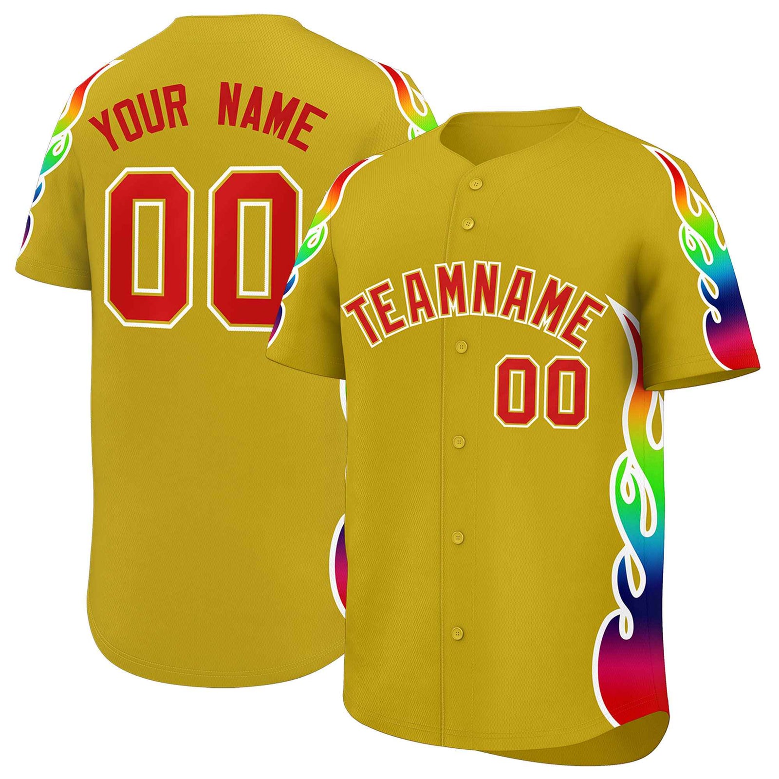 Custom Old Gold Graffiti Pattern Personalized Multicolored Flames Print Authentic Baseball Jersey