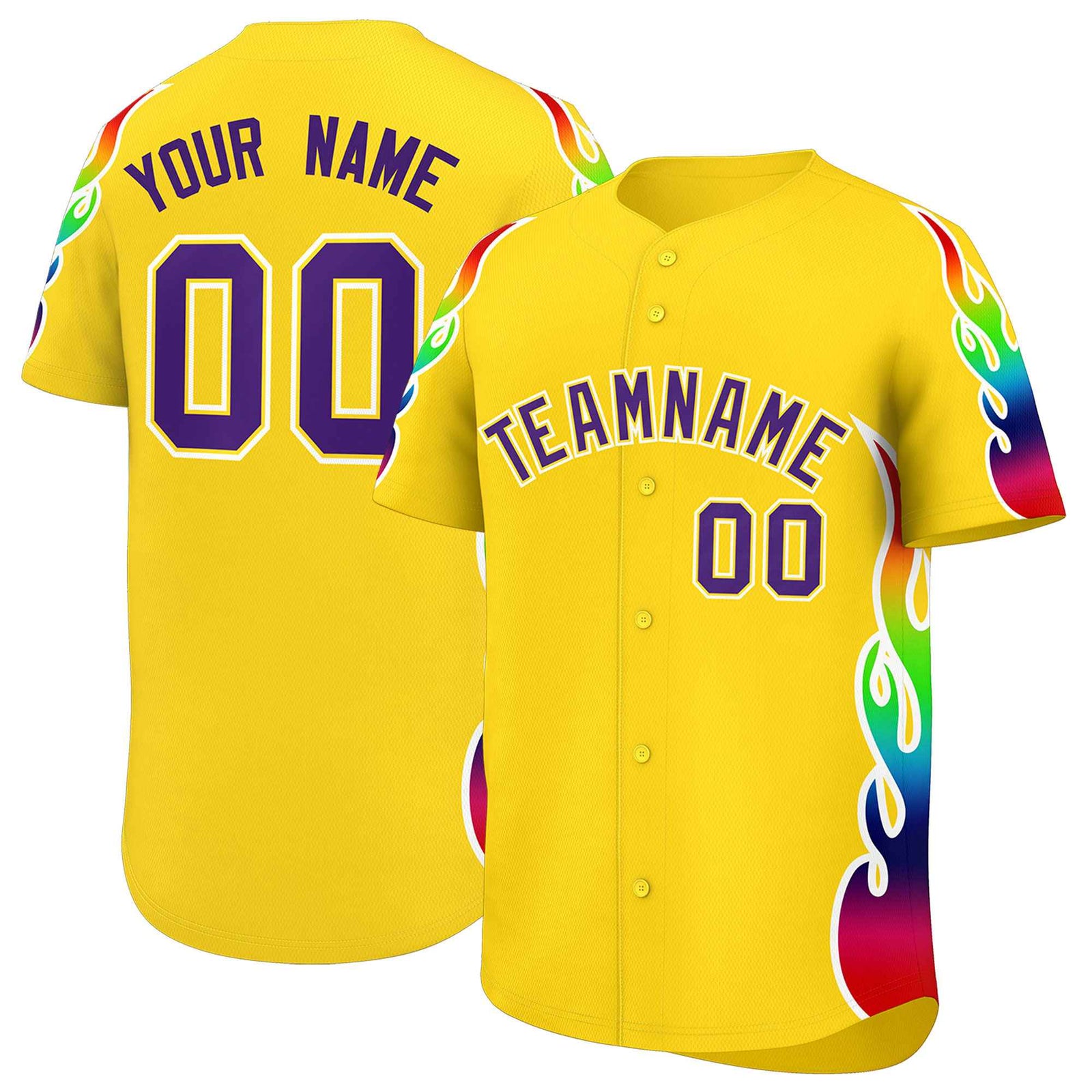 Custom Gold Graffiti Pattern Personalized Multicolored Flames Print Authentic Baseball Jersey