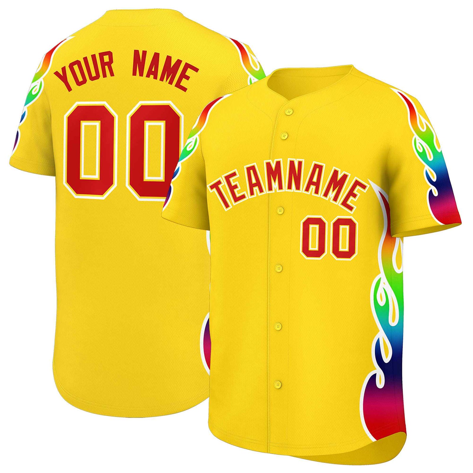 Custom Gold Graffiti Pattern Personalized Multicolored Flames Print Authentic Baseball Jersey