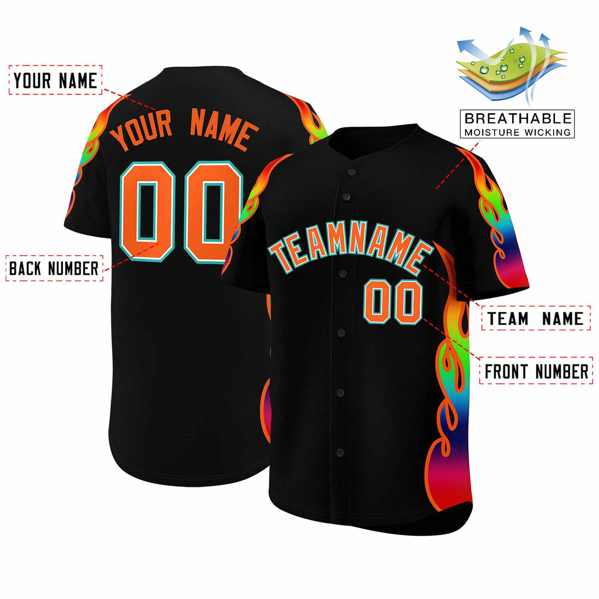 Custom Black Graffiti Pattern Personalized Multicolored Flames Print Authentic Baseball Jersey
