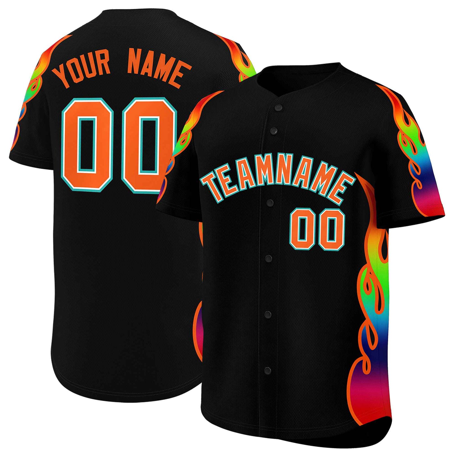 Custom Black Graffiti Pattern Personalized Multicolored Flames Print Authentic Baseball Jersey