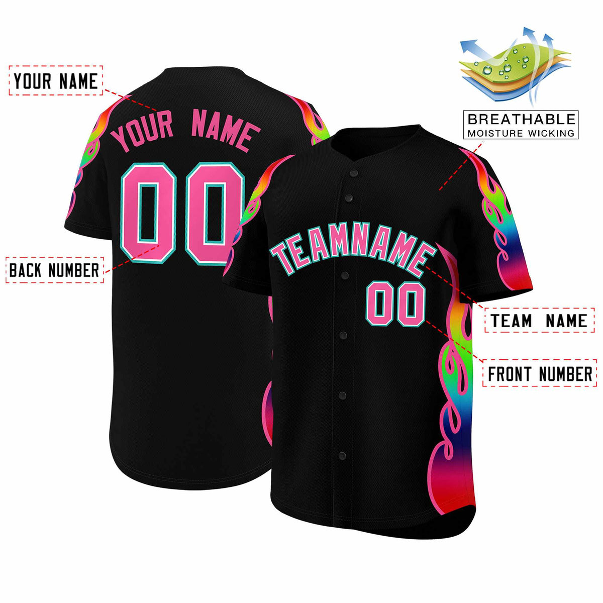 Custom Black Graffiti Pattern Personalized Multicolored Flames Print Authentic Baseball Jersey