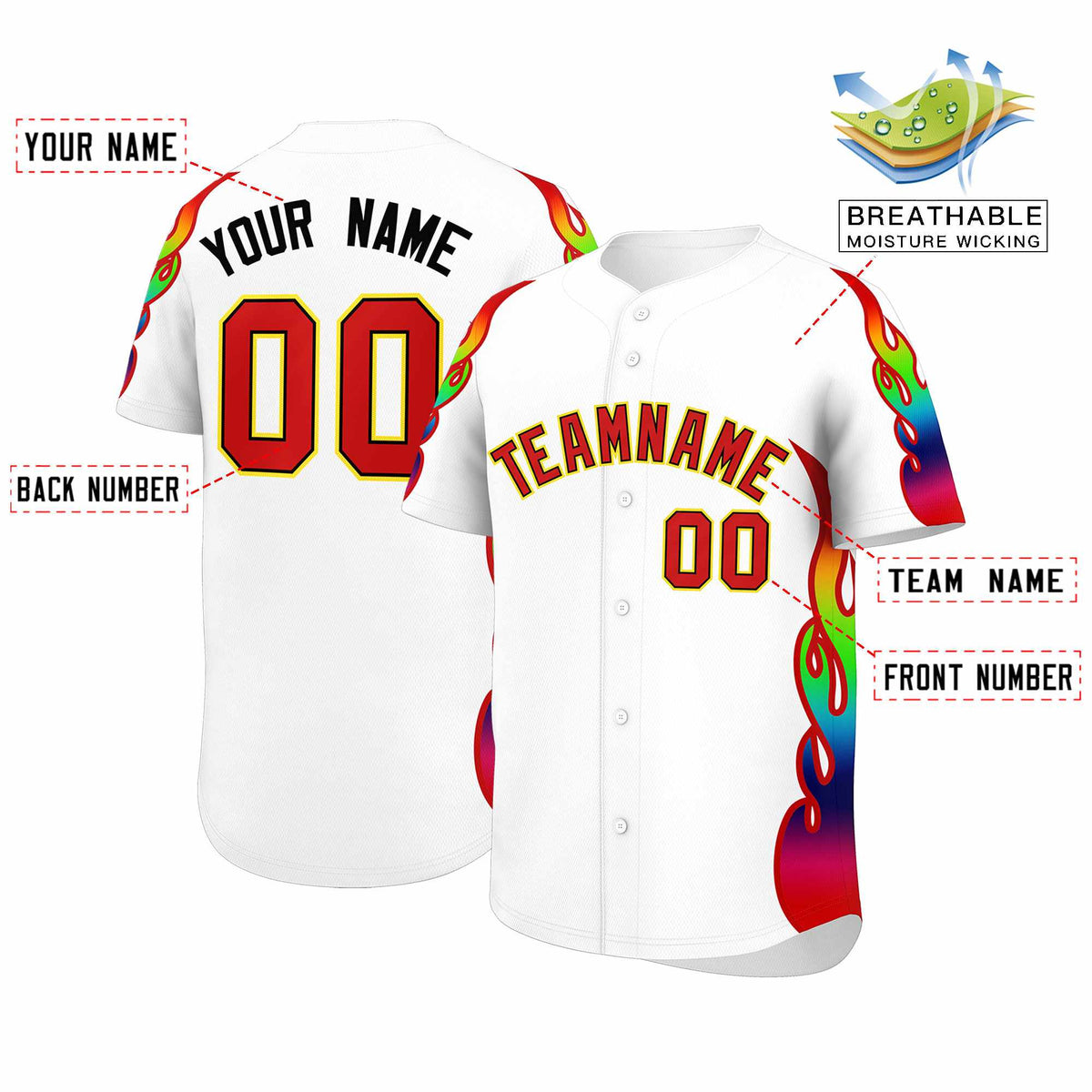 Custom White Graffiti Pattern Personalized Multicolored Flames Print Authentic Baseball Jersey