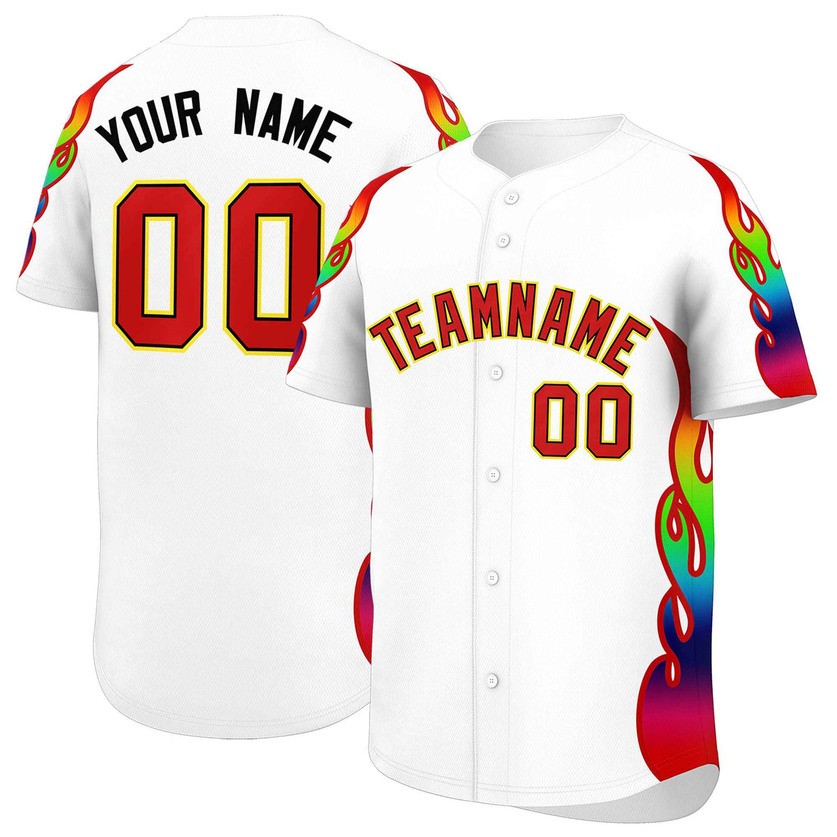 Custom White Graffiti Pattern Personalized Multicolored Flames Print Authentic Baseball Jersey