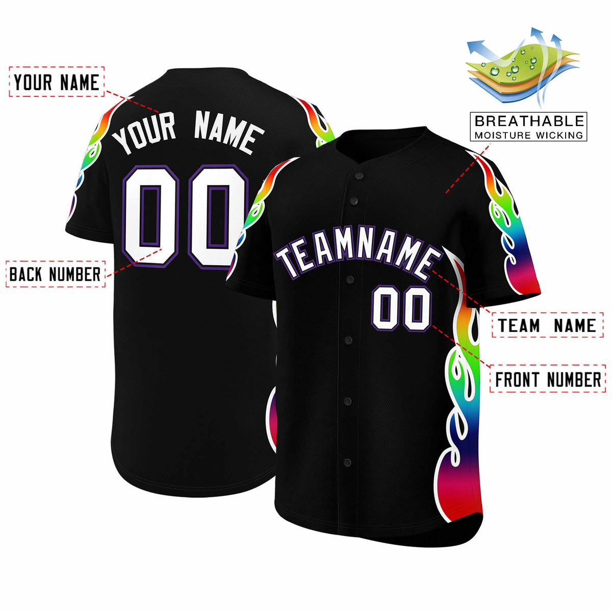 Custom Black Graffiti Pattern Personalized Multicolored Flames Print Authentic Baseball Jersey
