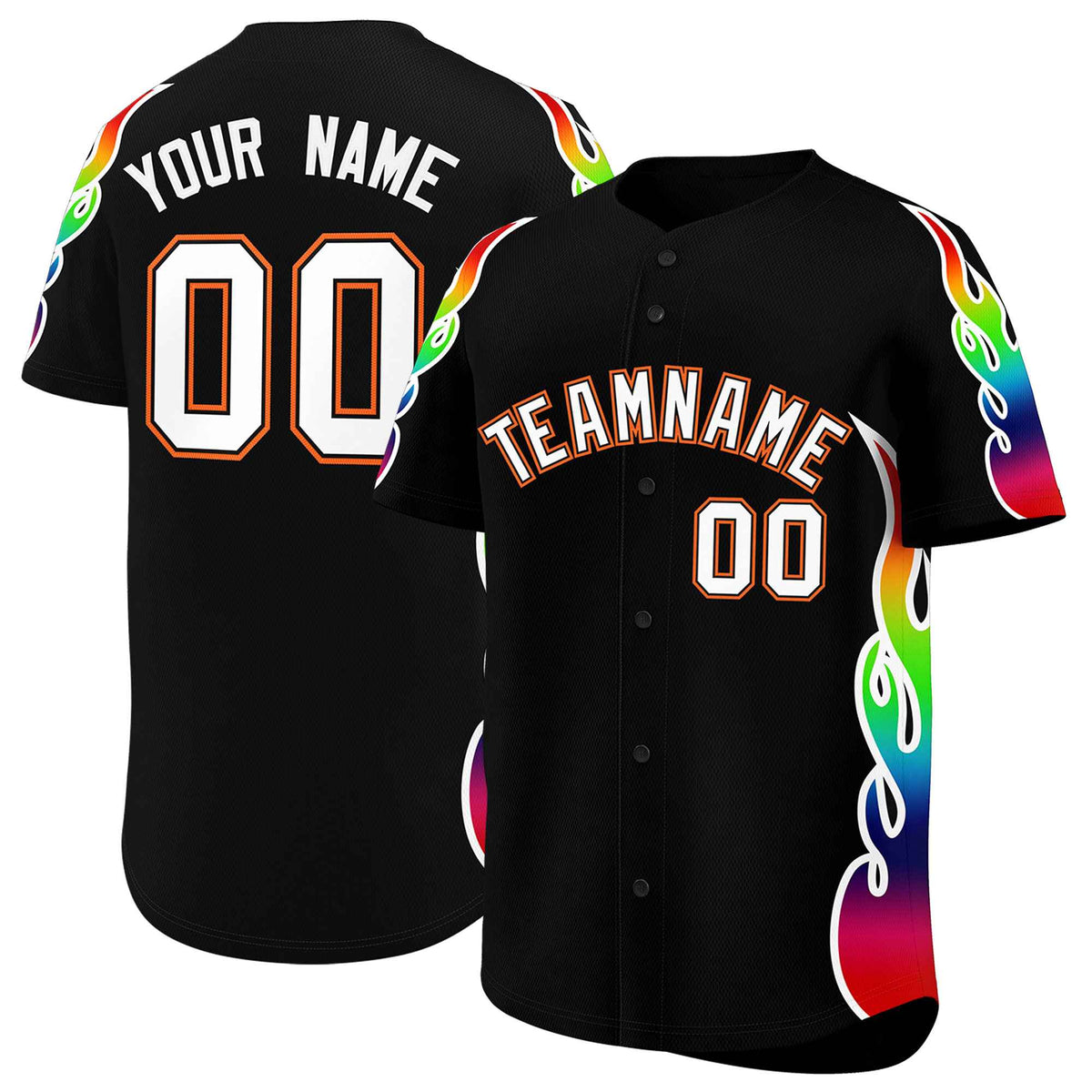 Custom Black Graffiti Pattern Personalized Multicolored Flames Print Authentic Baseball Jersey