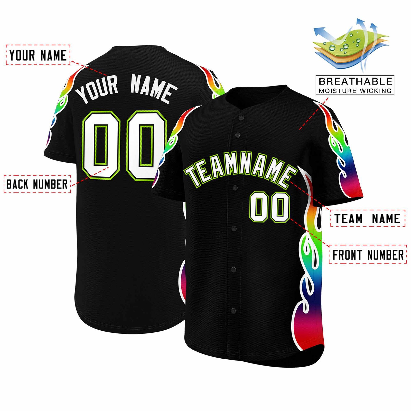 Custom Black Graffiti Pattern Personalized Multicolored Flames Print Authentic Baseball Jersey