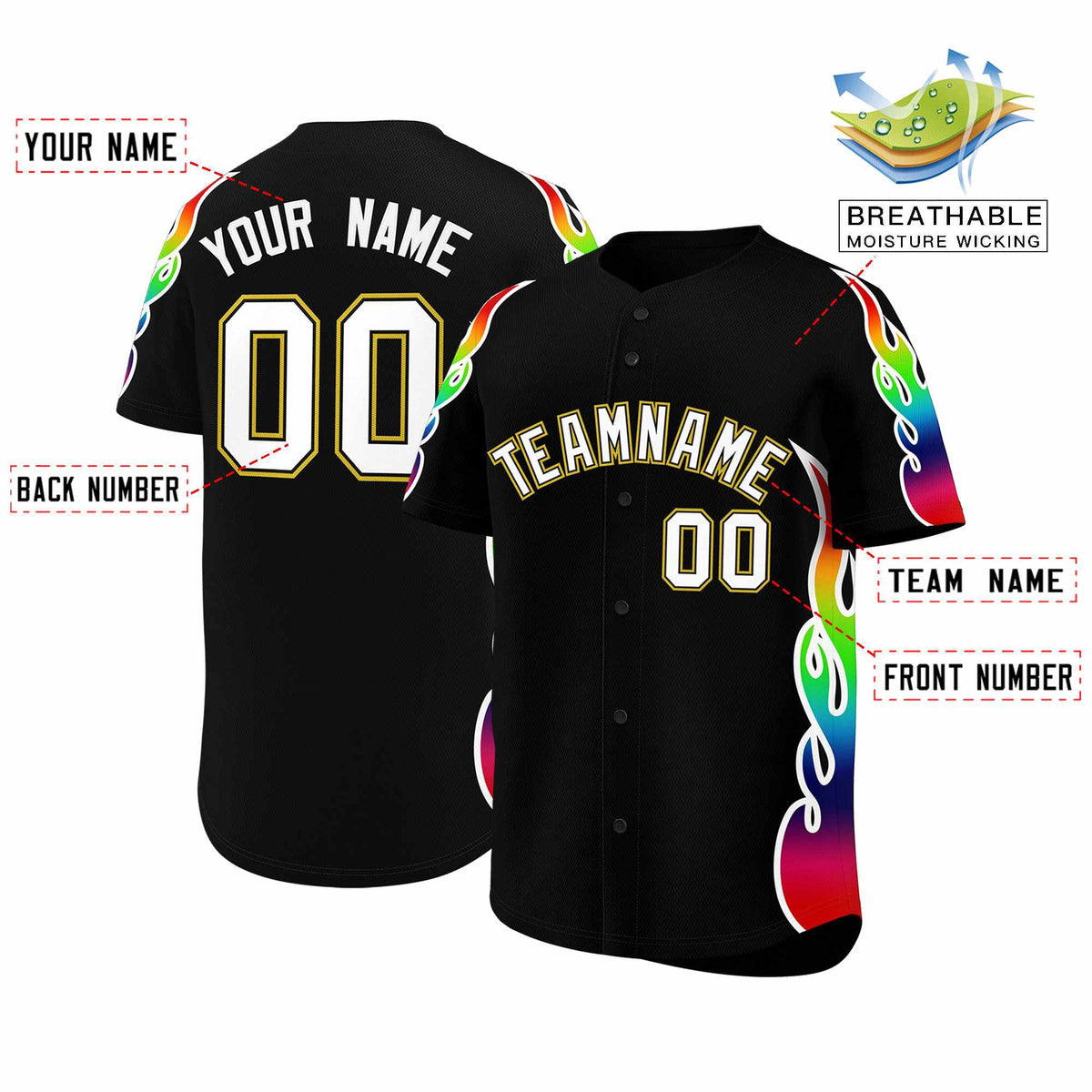 Custom Black Graffiti Pattern Personalized Multicolored Flames Print Authentic Baseball Jersey