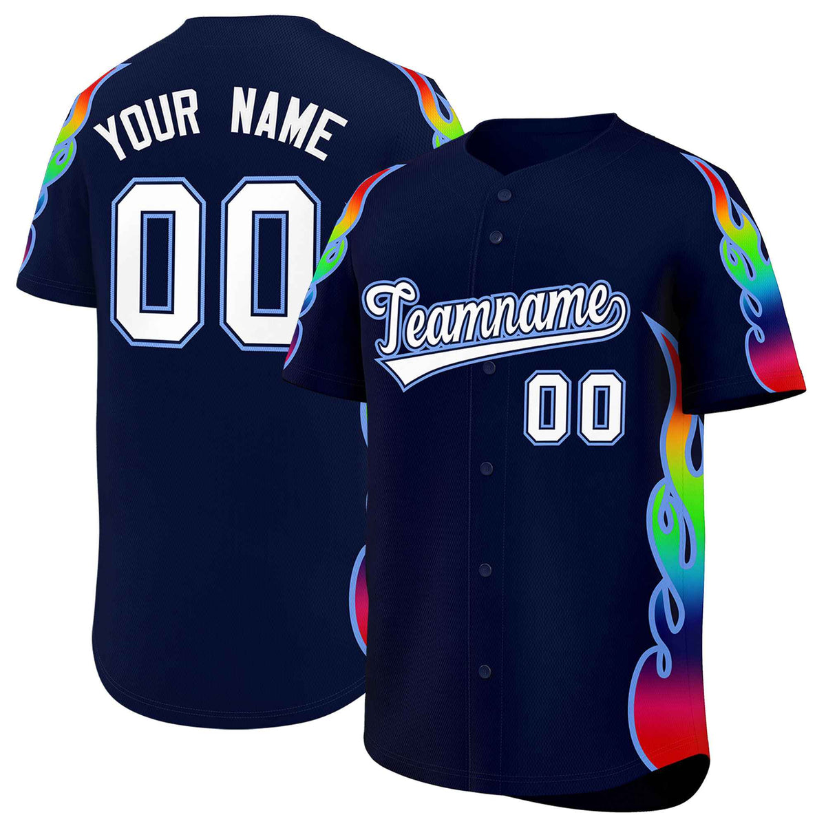 Custom Navy Graffiti Pattern Personalized Multicolored Flames Print Authentic Baseball Jersey