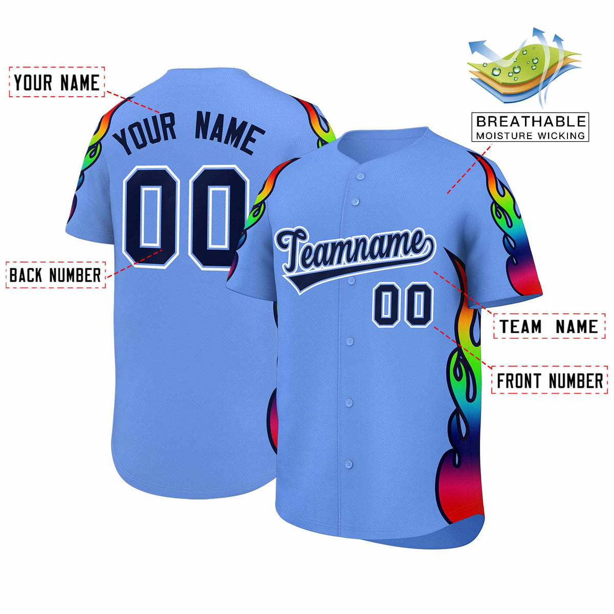 Custom Light Blue Graffiti Pattern Personalized Multicolored Flames Print Authentic Baseball Jersey