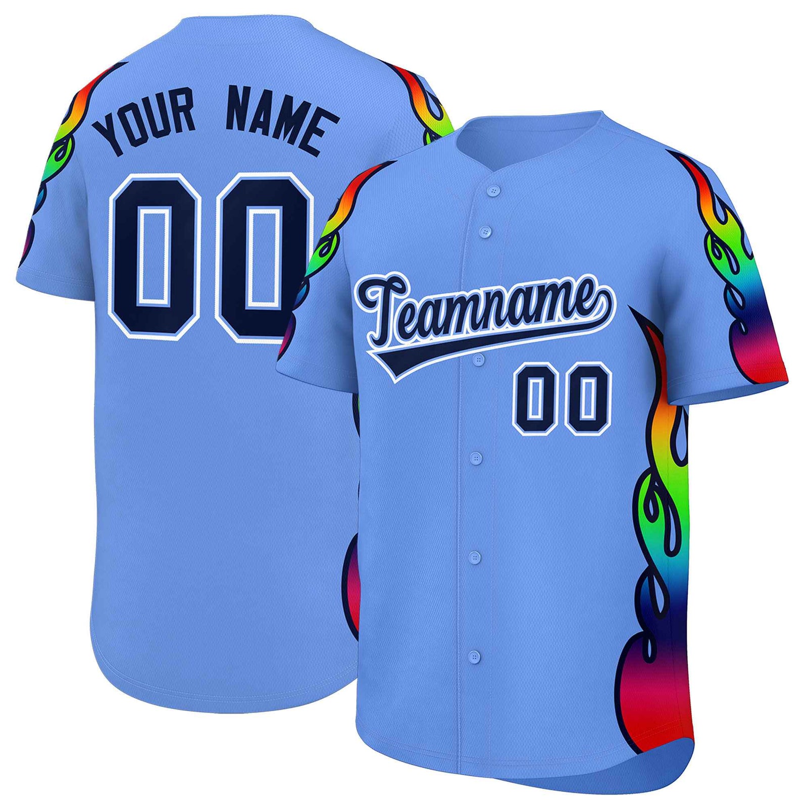 Custom Light Blue Graffiti Pattern Personalized Multicolored Flames Print Authentic Baseball Jersey