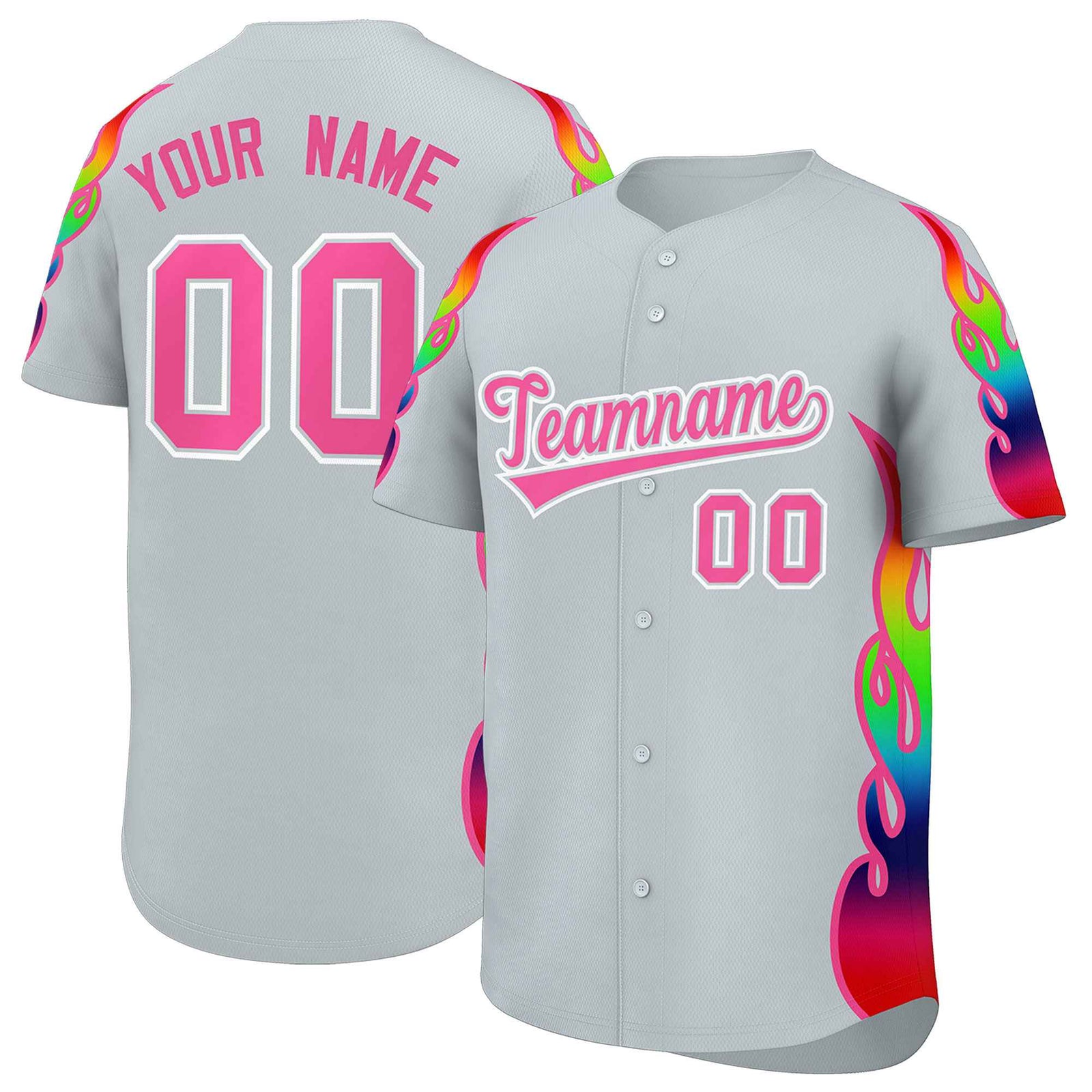 Custom Silver Graffiti Pattern Personalized Multicolored Flames Print Authentic Baseball Jersey