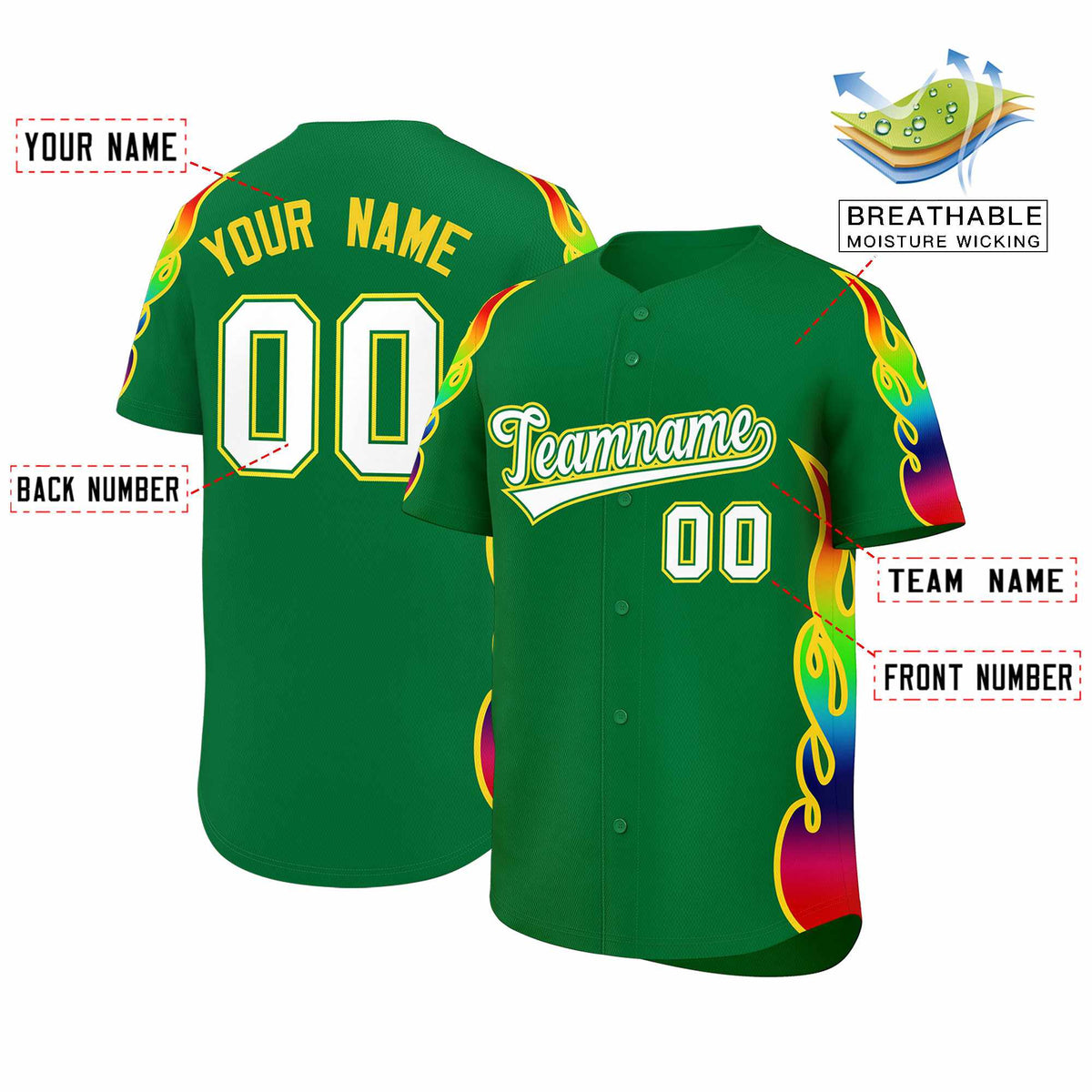 Custom Kelly Green Graffiti Pattern Personalized Multicolored Flames Print Authentic Baseball Jersey
