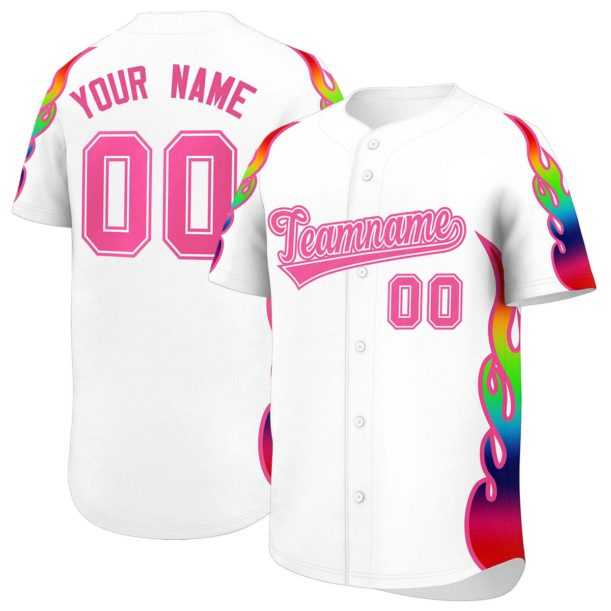 Custom White Graffiti Pattern Personalized Multicolored Flames Print Authentic Baseball Jersey