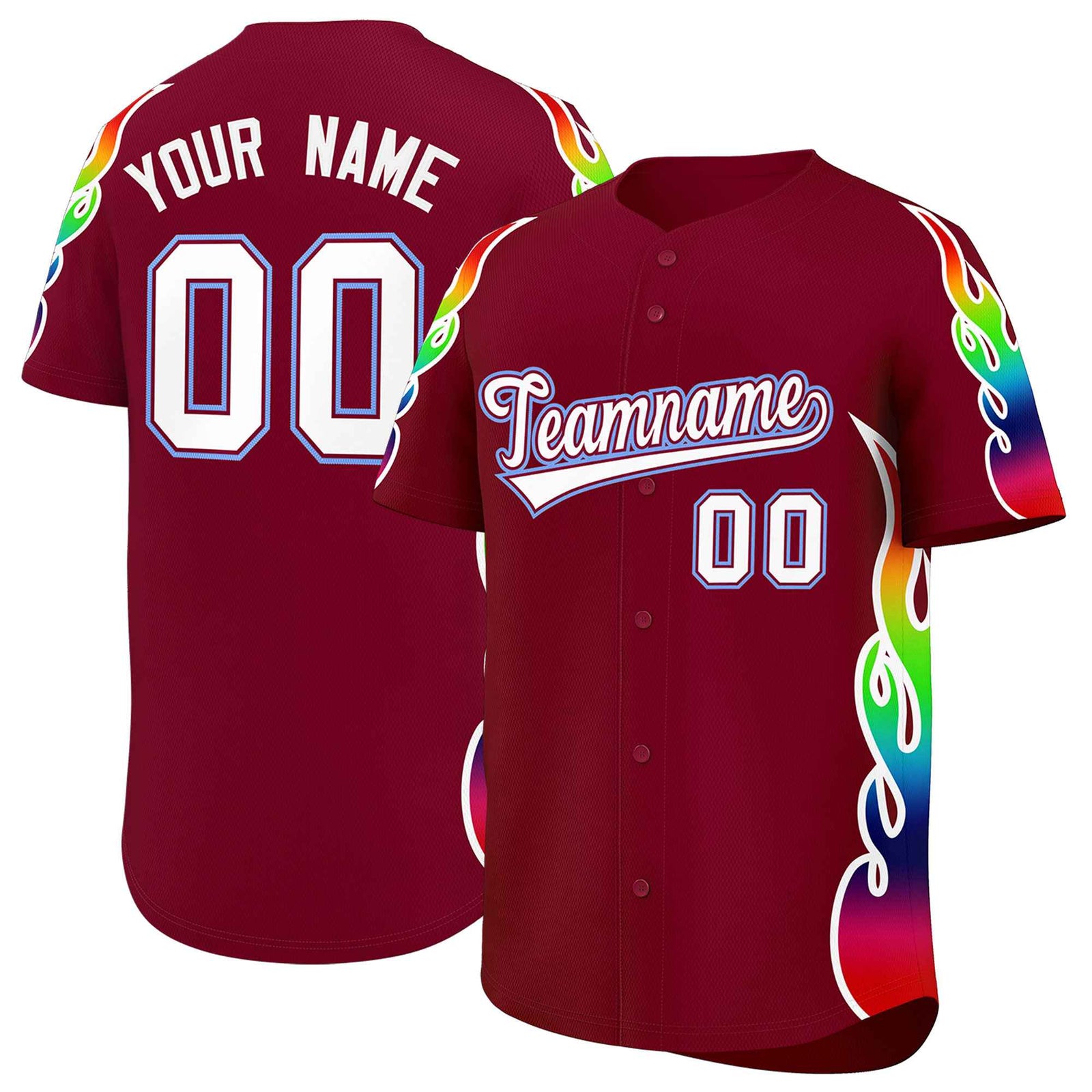 Custom Crimson Graffiti Pattern Personalized Multicolored Flames Print Authentic Baseball Jersey