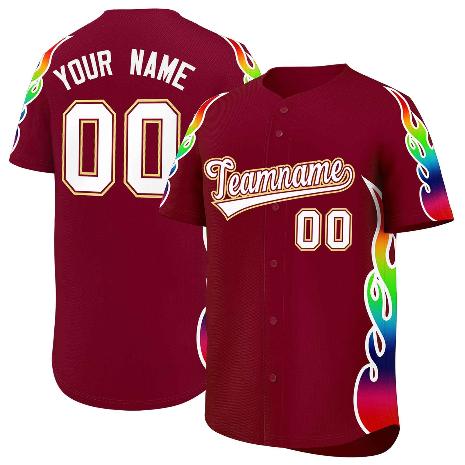 Custom Crimson Graffiti Pattern Personalized Multicolored Flames Print Authentic Baseball Jersey