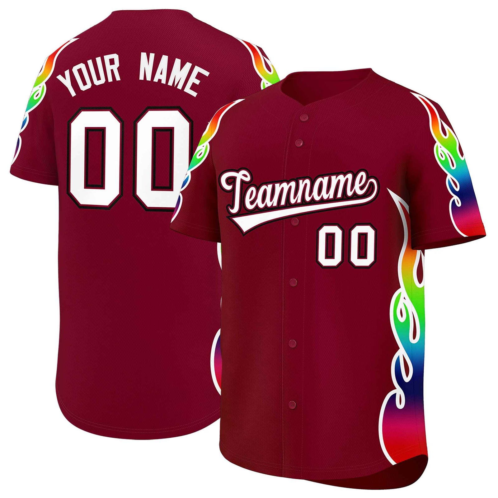 Custom Crimson Graffiti Pattern Personalized Multicolored Flames Print Authentic Baseball Jersey