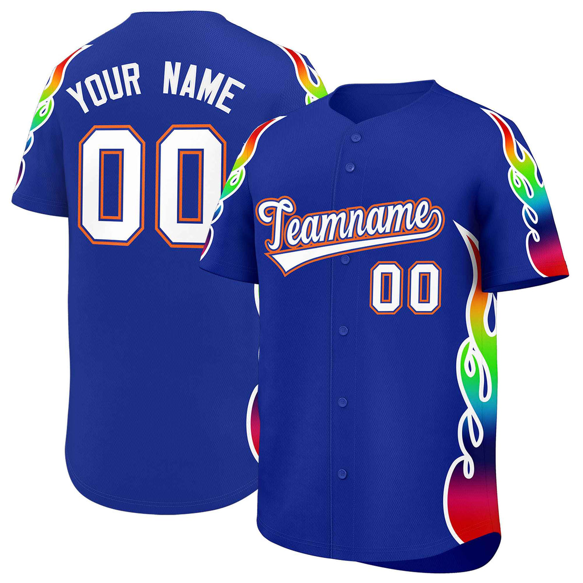 Custom Royal Graffiti Pattern Personalized Multicolored Flames Print Authentic Baseball Jersey