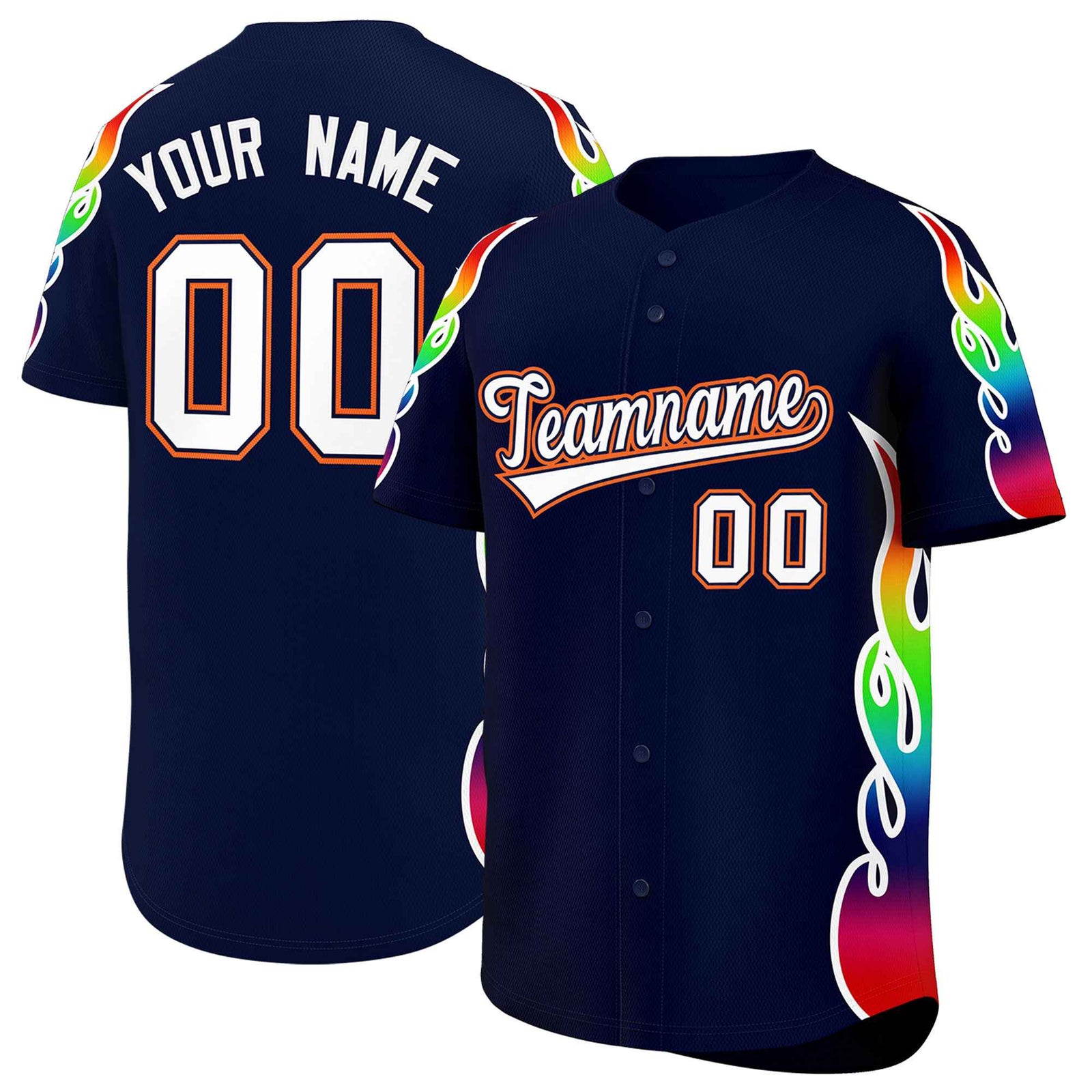 Custom Navy Graffiti Pattern Personalized Multicolored Flames Print Authentic Baseball Jersey