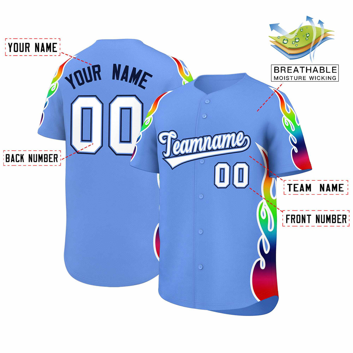 Custom Light Blue Graffiti Pattern Personalized Multicolored Flames Print Authentic Baseball Jersey
