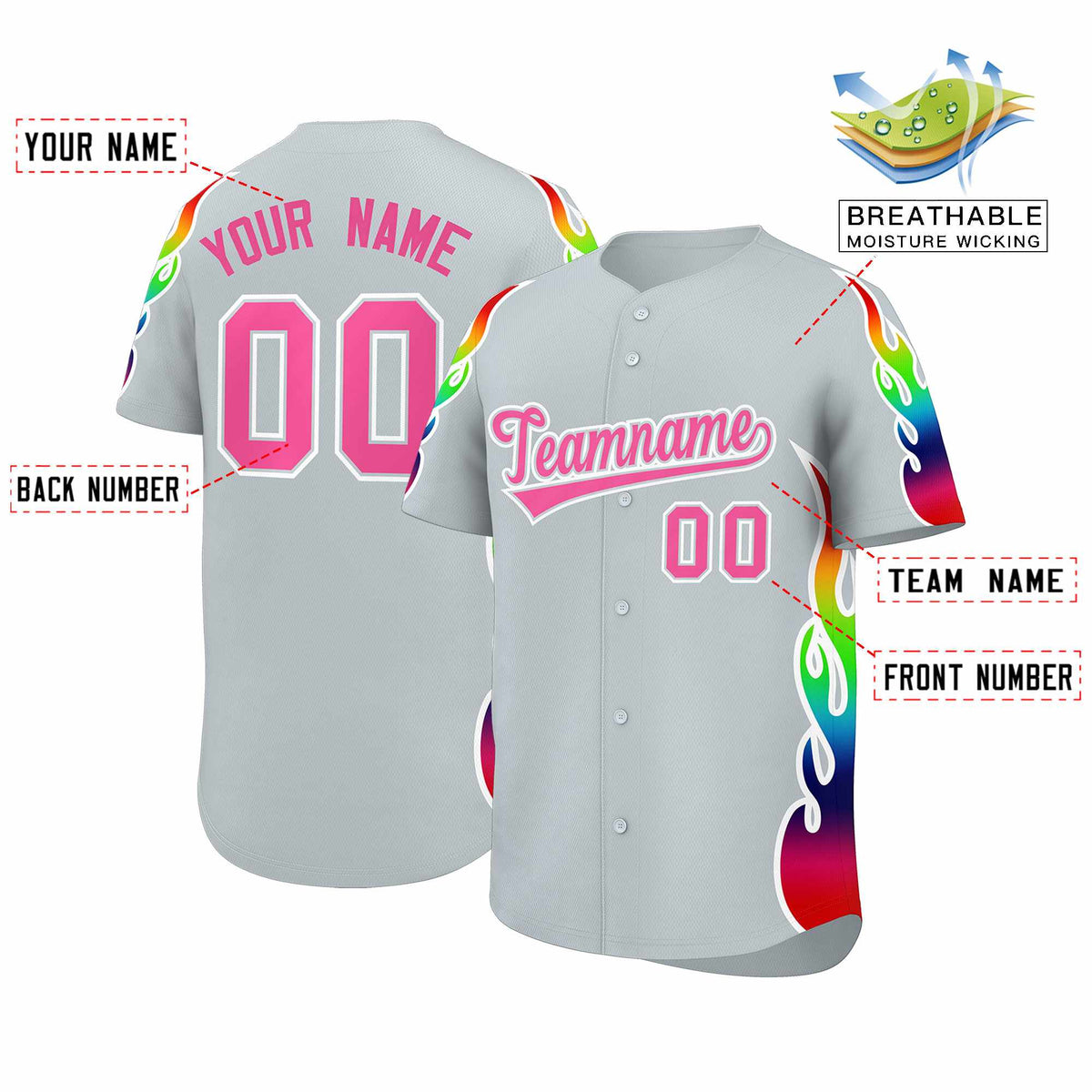 Custom Silver Graffiti Pattern Personalized Multicolored Flames Print Authentic Baseball Jersey