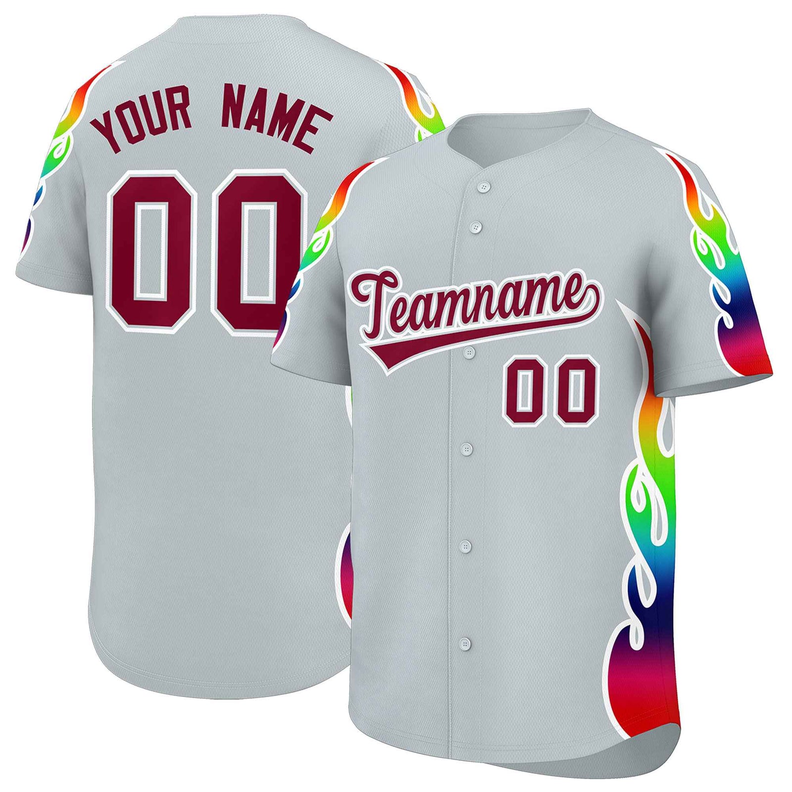 Custom Silver Graffiti Pattern Personalized Multicolored Flames Print Authentic Baseball Jersey