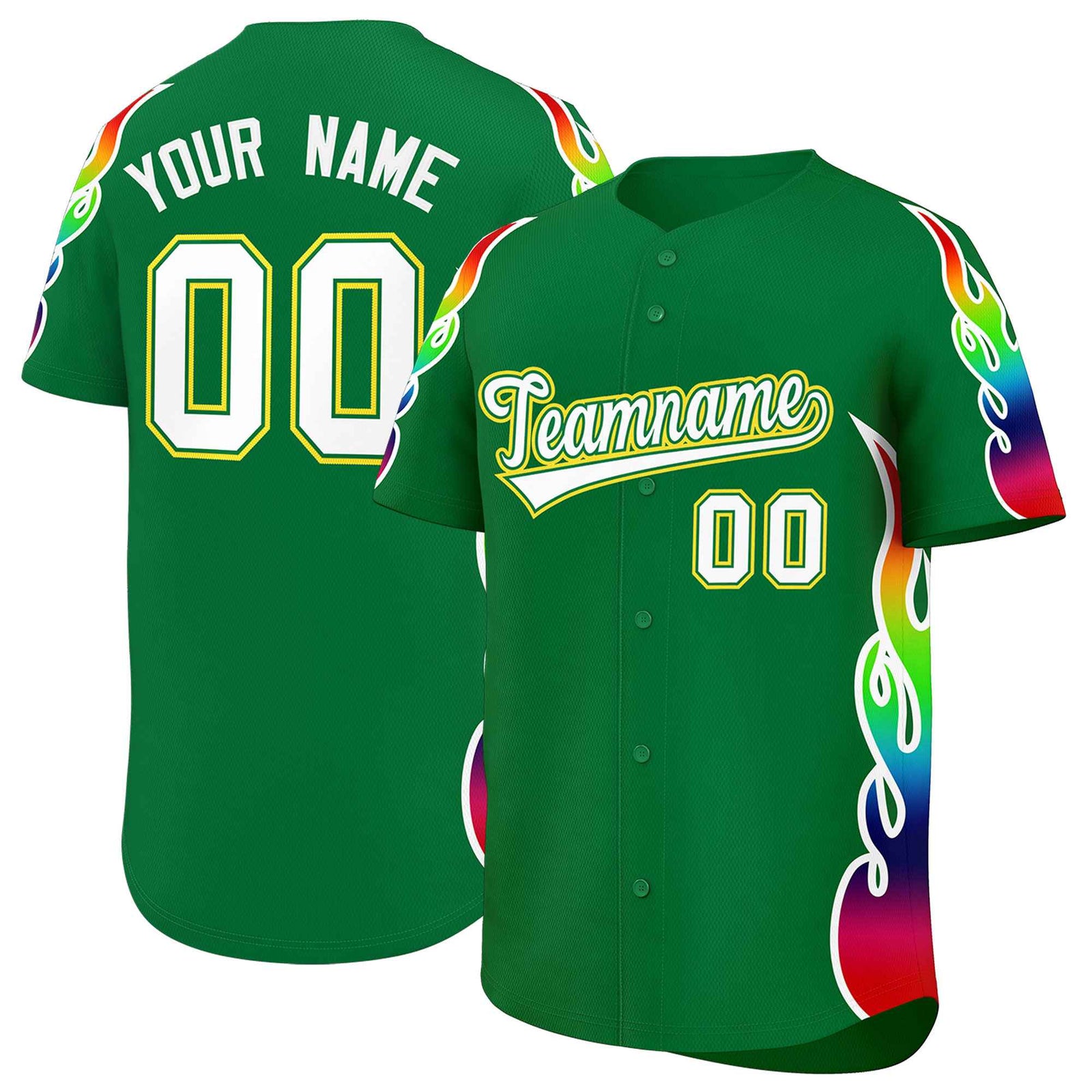 Custom Kelly Green Graffiti Pattern Personalized Multicolored Flames Print Authentic Baseball Jersey
