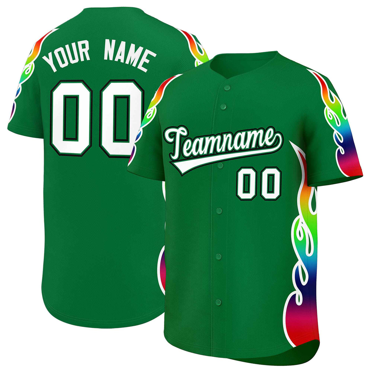 Custom Kelly Green Graffiti Pattern Personalized Multicolored Flames Print Authentic Baseball Jersey