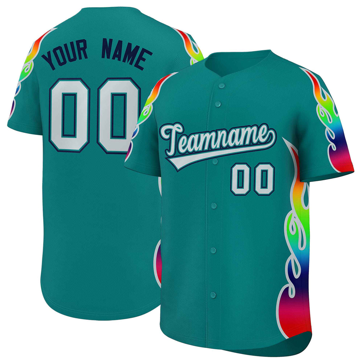 Custom Aqua Graffiti Pattern Personalized Multicolored Flames Print Authentic Baseball Jersey