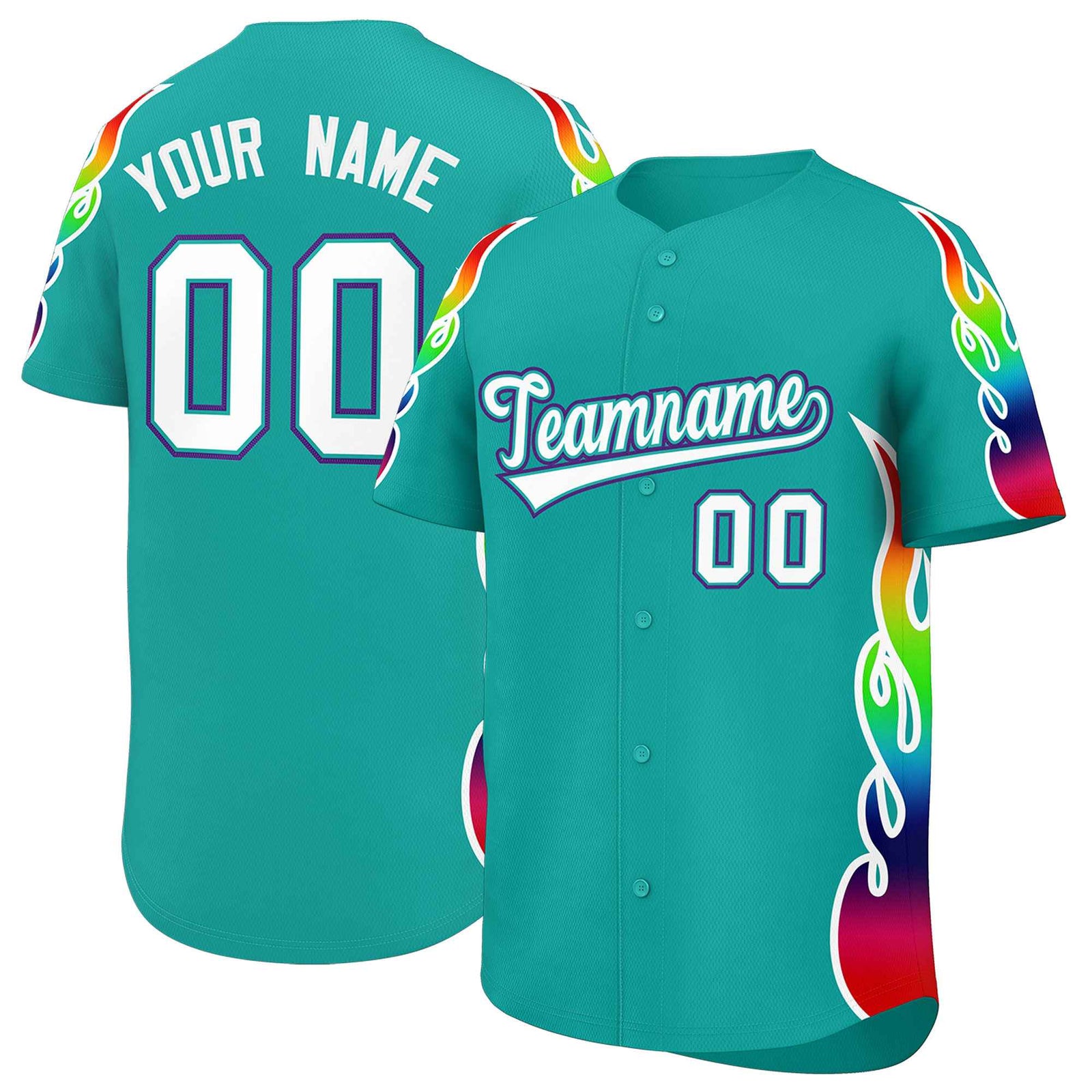 Custom Aqua Graffiti Pattern Personalized Multicolored Flames Print Authentic Baseball Jersey