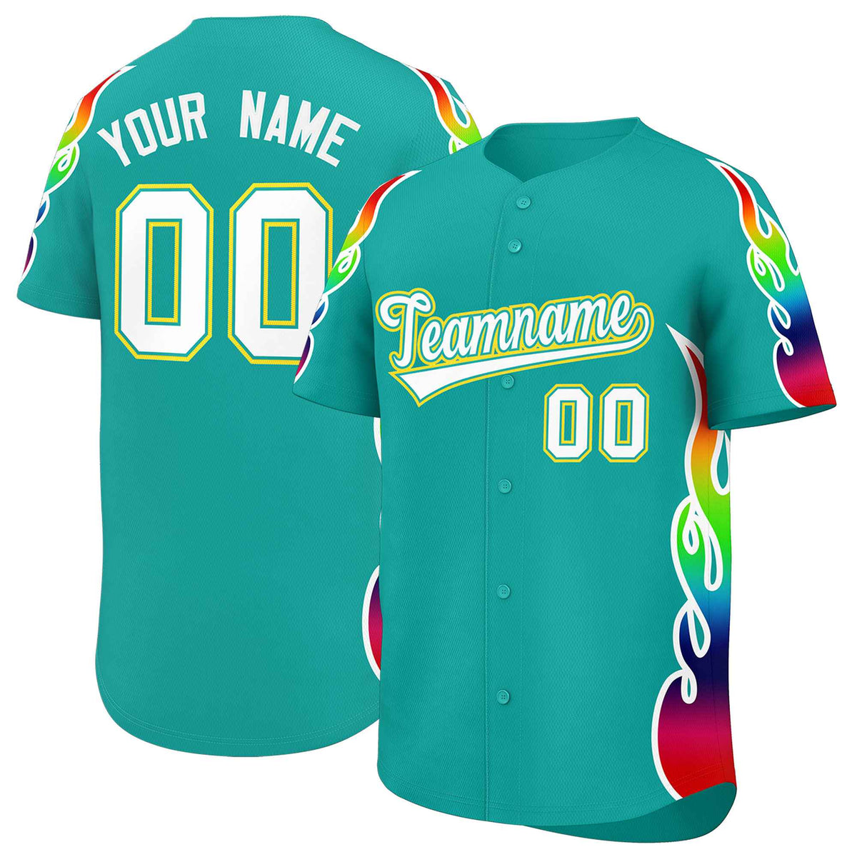Custom Aqua Graffiti Pattern Personalized Multicolored Flames Print Authentic Baseball Jersey