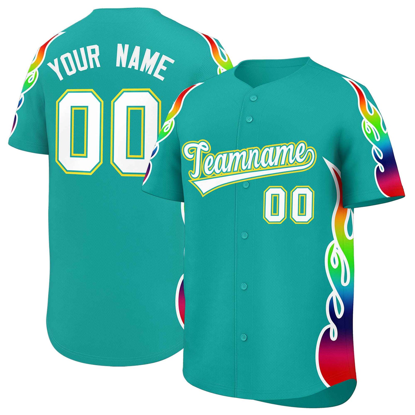 Custom Aqua Graffiti Pattern Personalized Multicolored Flames Print Authentic Baseball Jersey