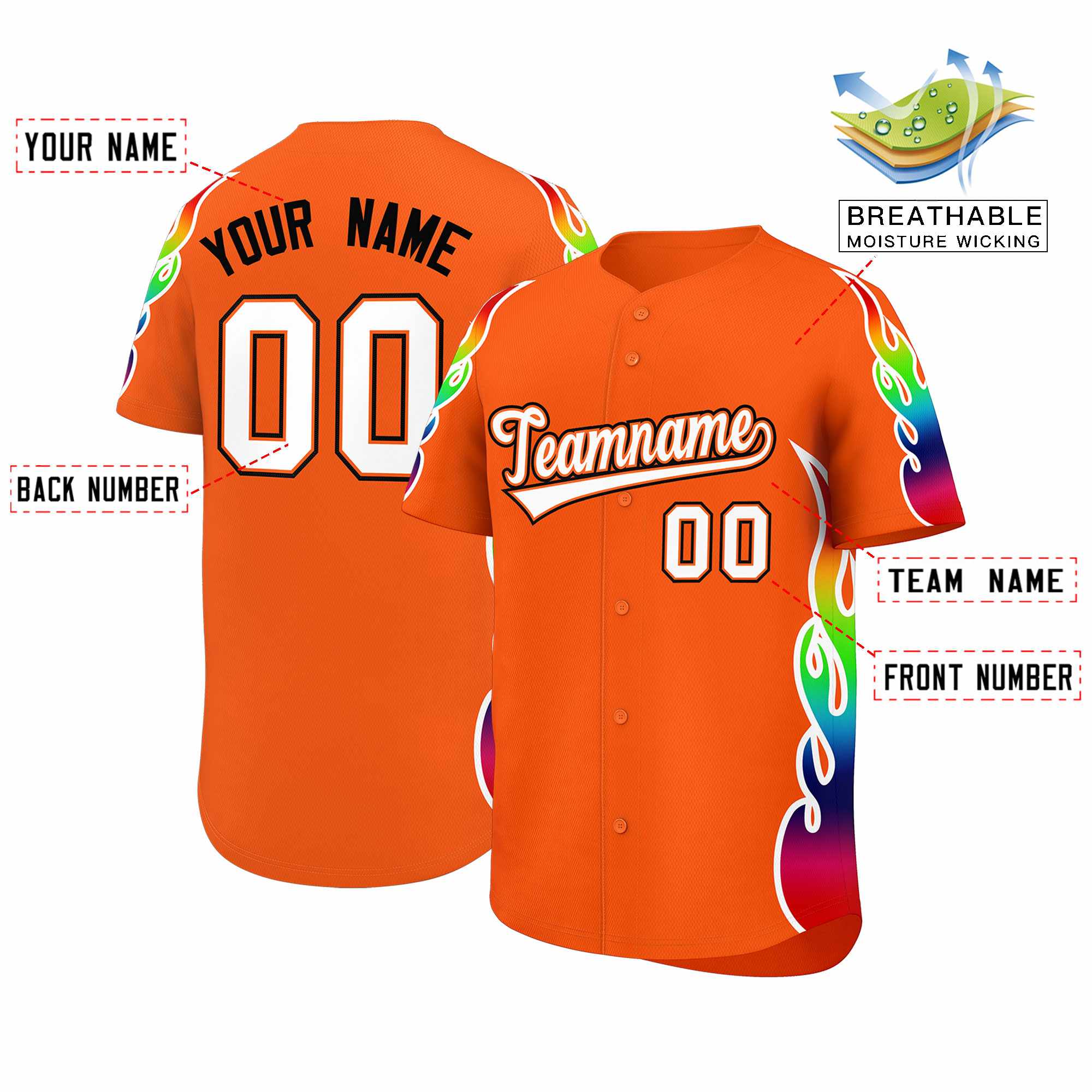 Custom Orange Graffiti Pattern Personalized Multicolored Flames Print Authentic Baseball Jersey