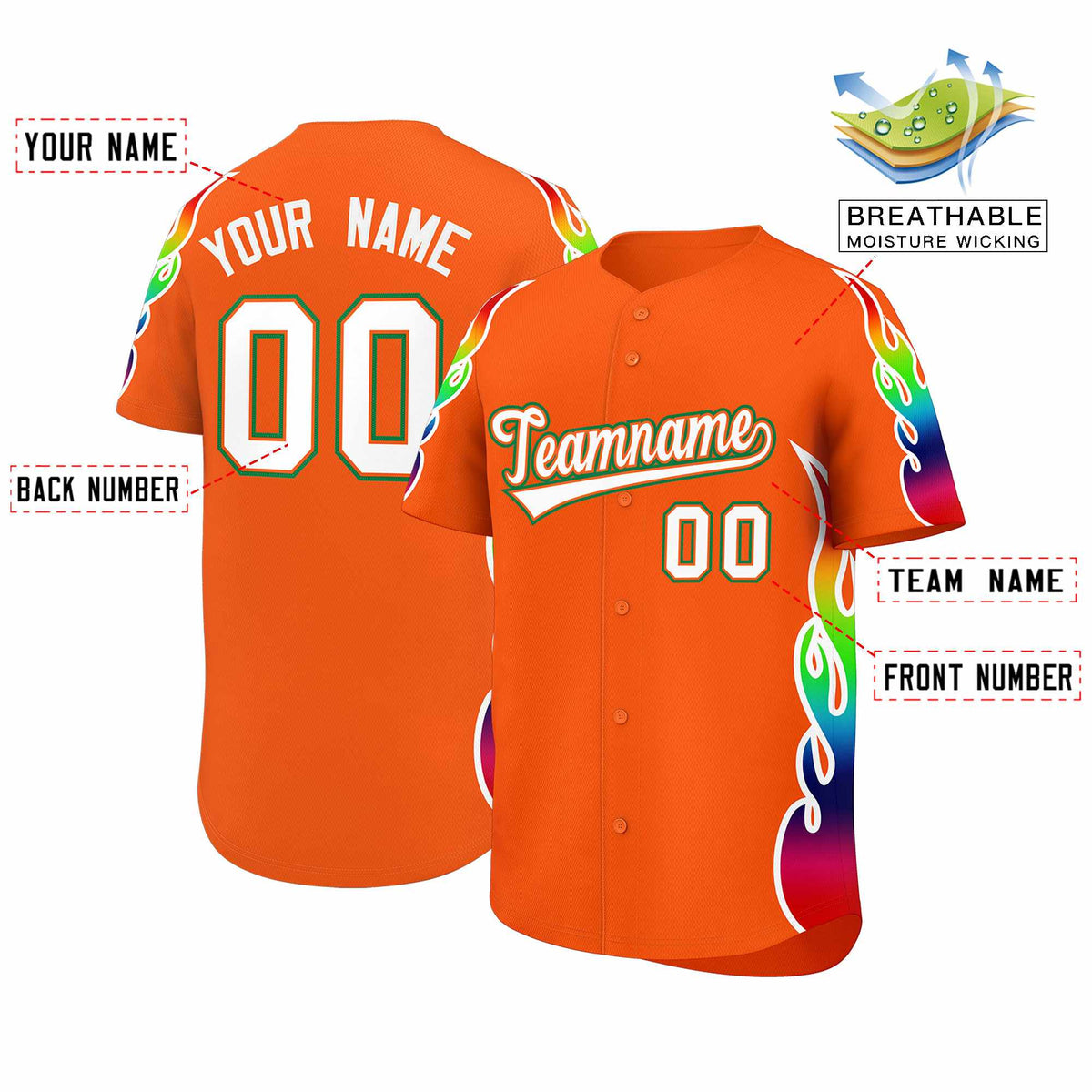 Custom Orange Graffiti Pattern Personalized Multicolored Flames Print Authentic Baseball Jersey