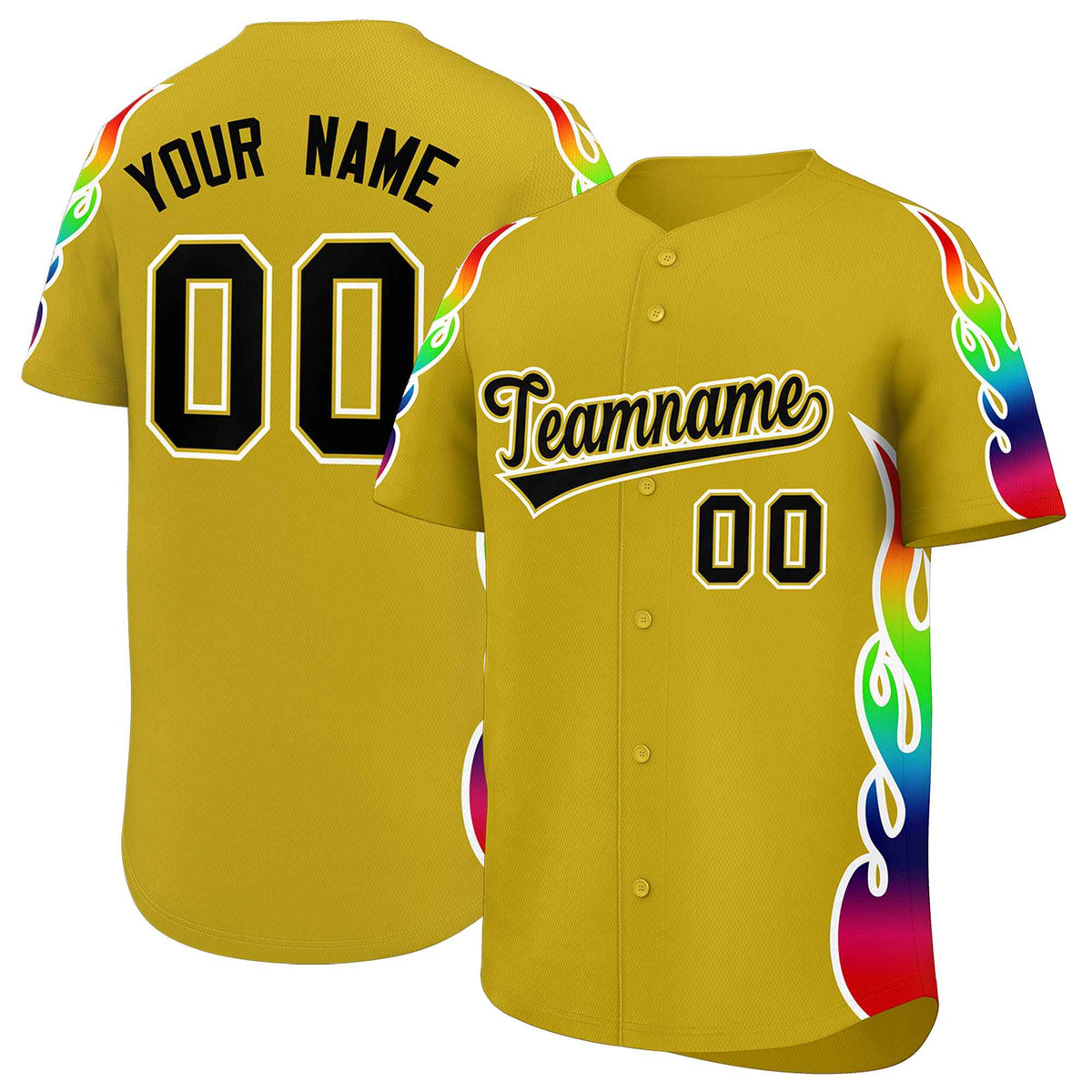 Custom Old Gold Graffiti Pattern Personalized Multicolored Flames Print Authentic Baseball Jersey