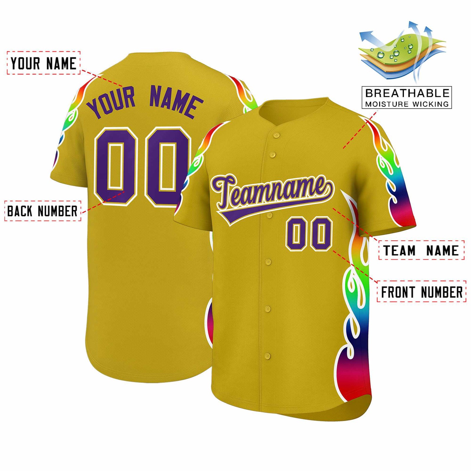 Custom Old Gold Graffiti Pattern Personalized Multicolored Flames Print Authentic Baseball Jersey