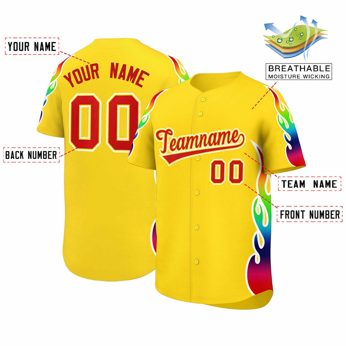 Custom Gold Graffiti Pattern Personalized Multicolored Flames Print Authentic Baseball Jersey
