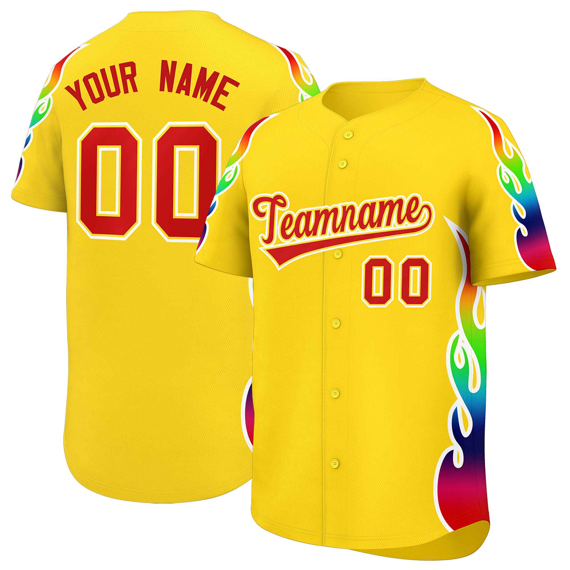 Custom Gold Graffiti Pattern Personalized Multicolored Flames Print Authentic Baseball Jersey