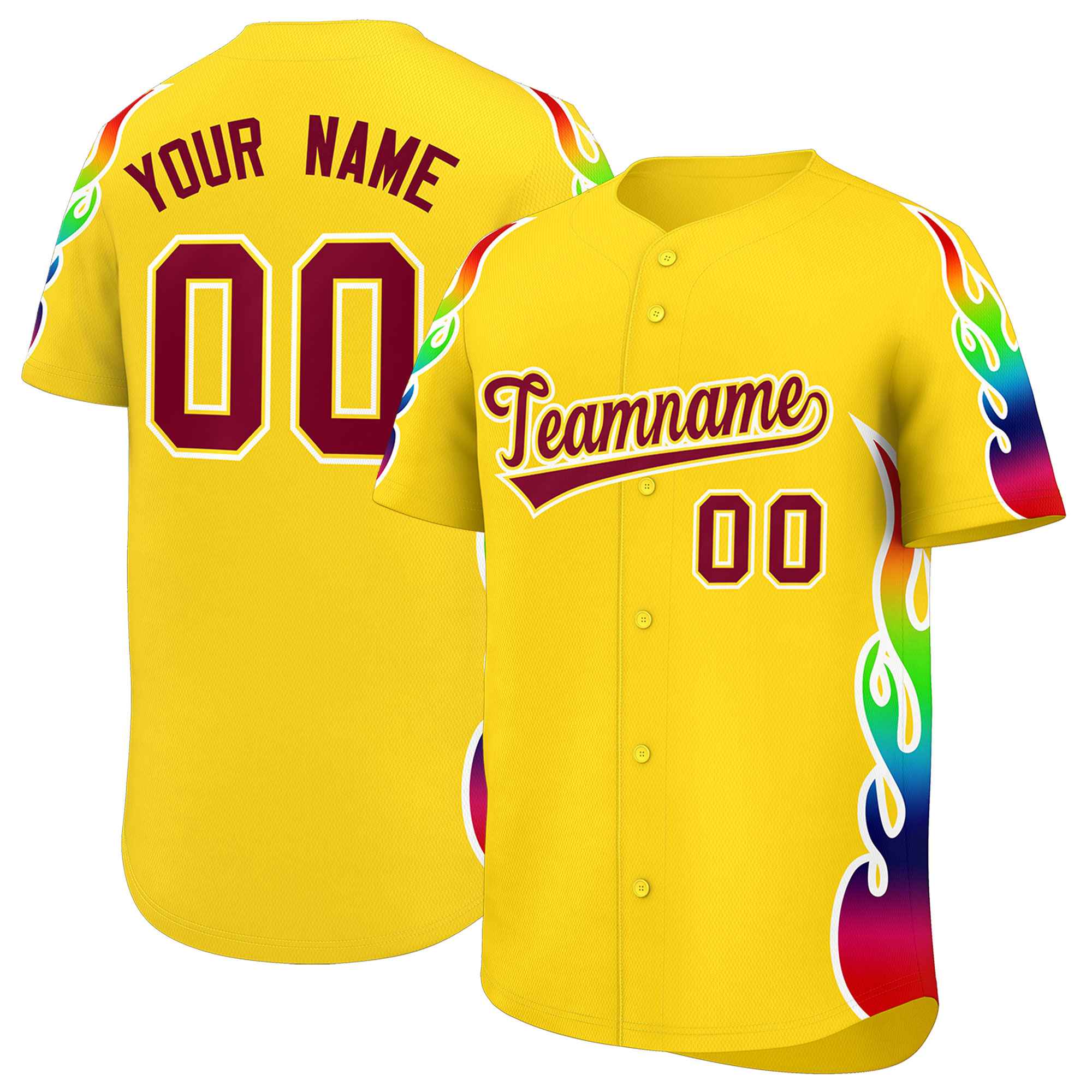 Custom Gold Graffiti Pattern Personalized Multicolored Flames Print Authentic Baseball Jersey