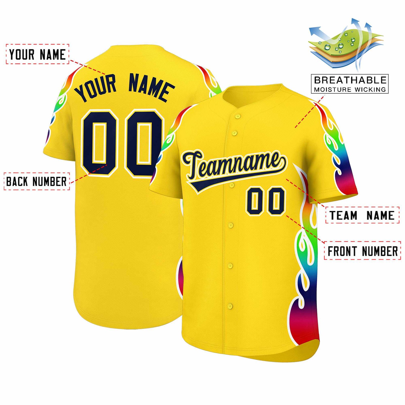 Custom Gold Graffiti Pattern Personalized Multicolored Flames Print Authentic Baseball Jersey