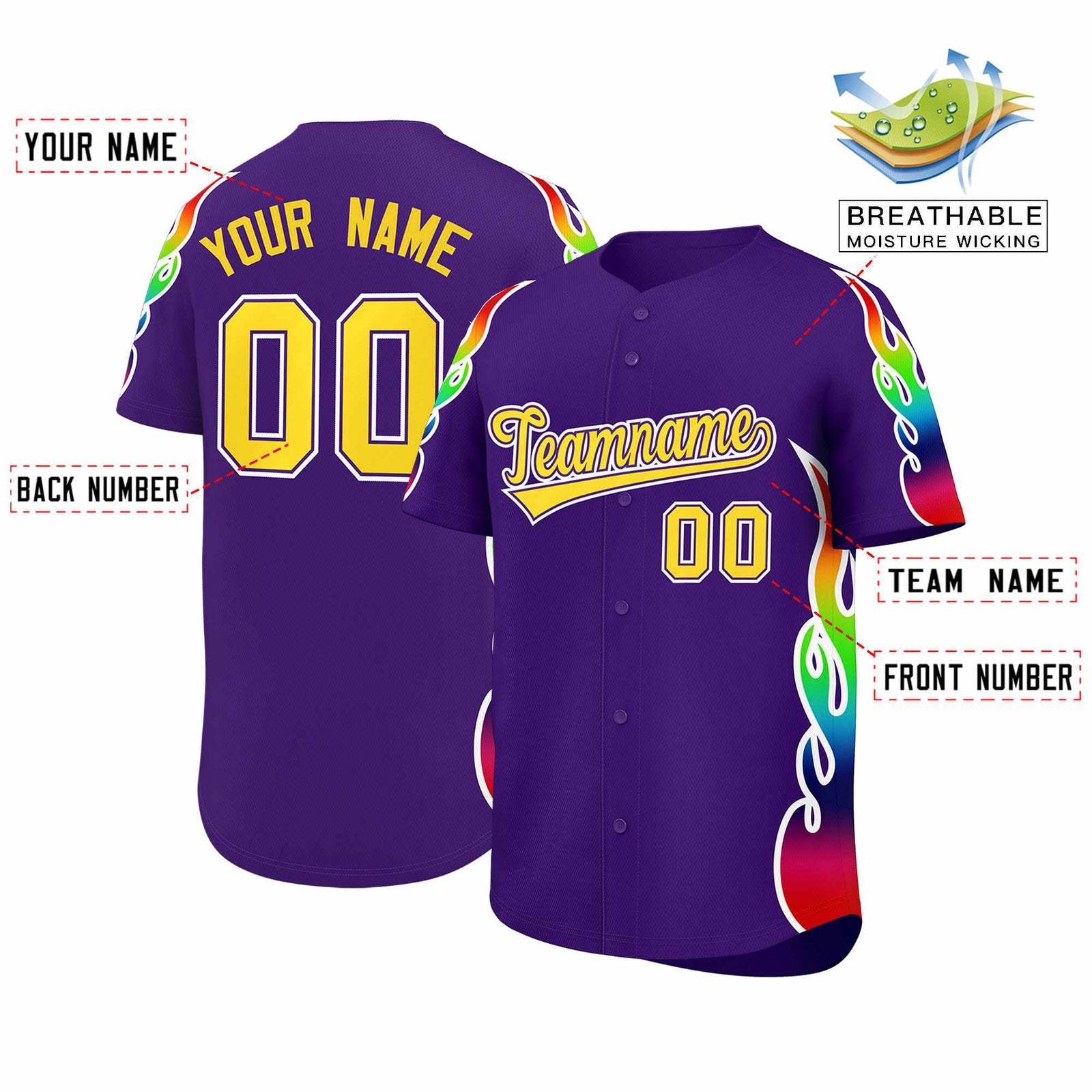 Custom Purple Graffiti Pattern Personalized Multicolored Flames Print Authentic Baseball Jersey