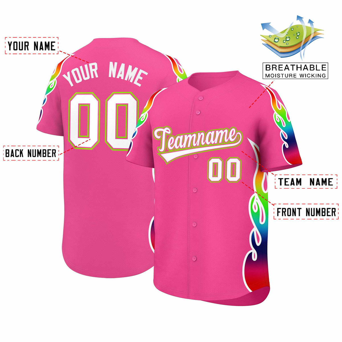 Custom Pink Graffiti Pattern Personalized Multicolored Flames Print Authentic Baseball Jersey