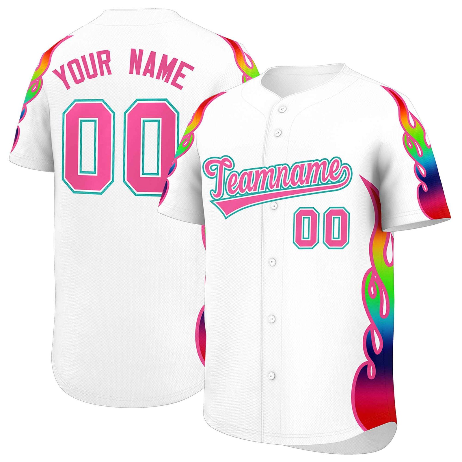 Custom White Graffiti Pattern Personalized Multicolored Flames Print Authentic Baseball Jersey