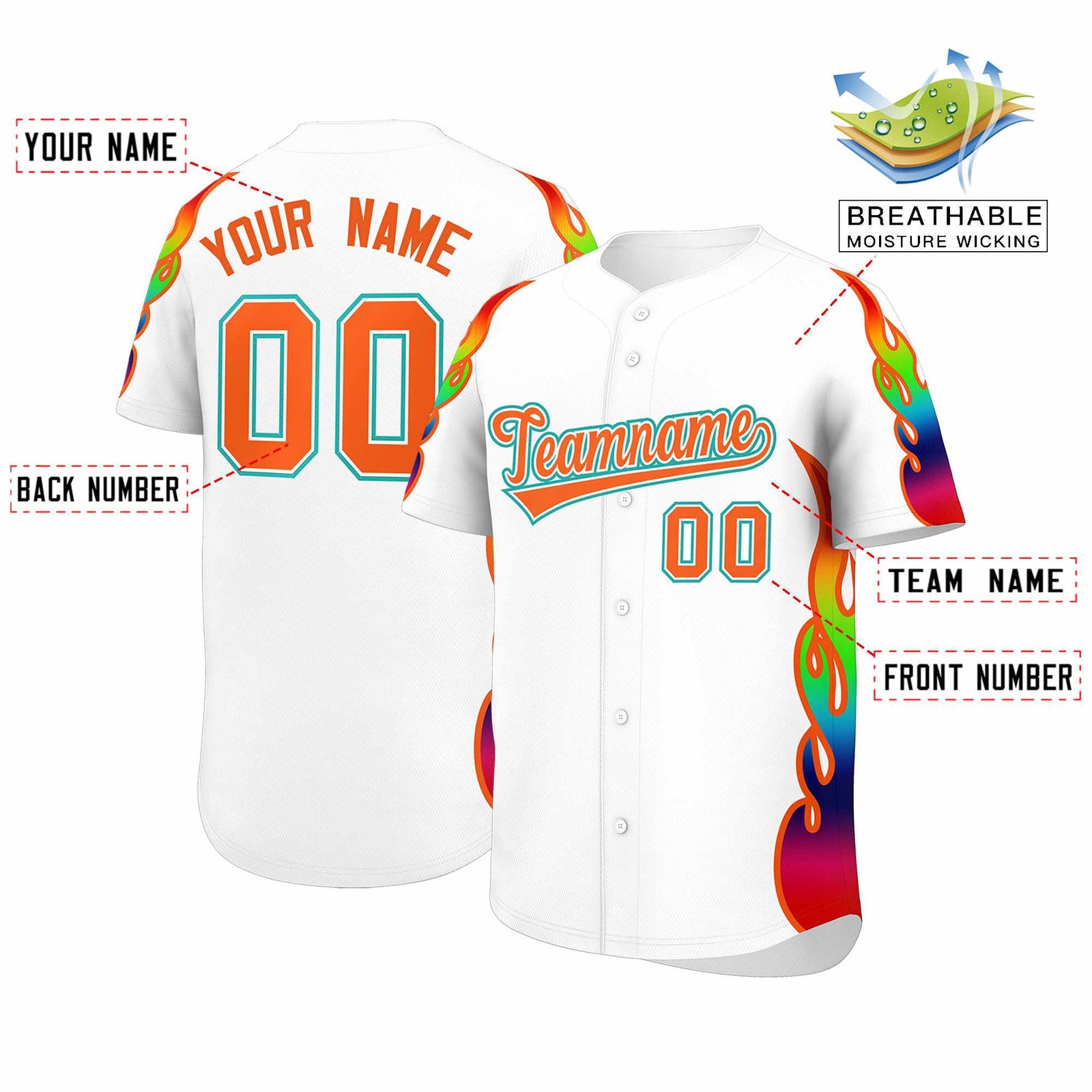 Custom White Graffiti Pattern Personalized Multicolored Flames Print Authentic Baseball Jersey