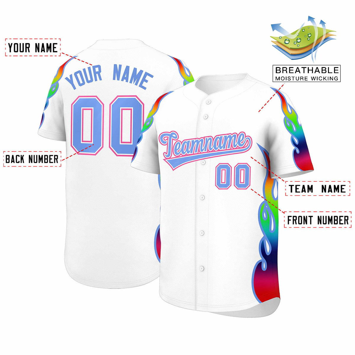 Custom White Graffiti Pattern Personalized Multicolored Flames Print Authentic Baseball Jersey