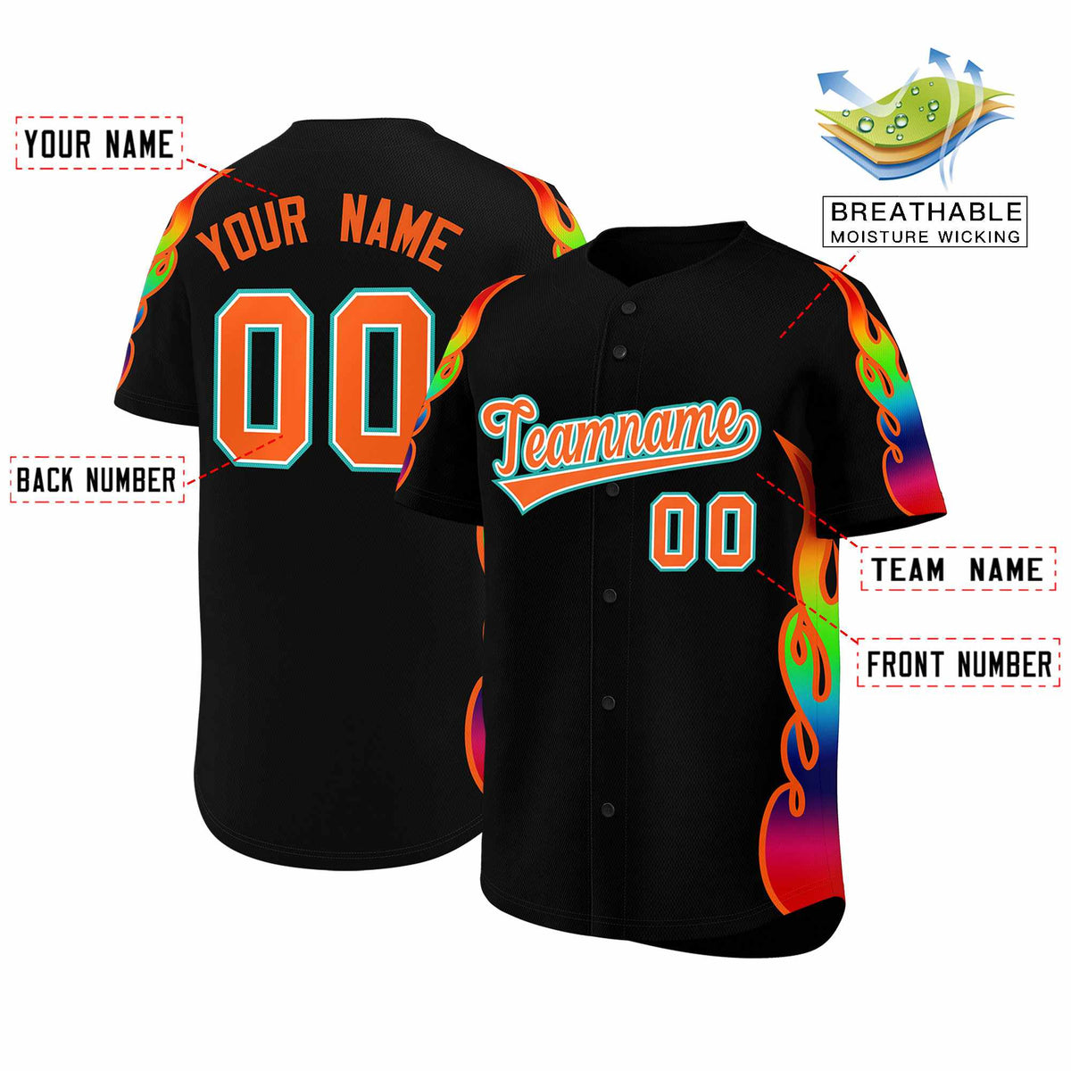 Custom Black Graffiti Pattern Personalized Multicolored Flames Print Authentic Baseball Jersey