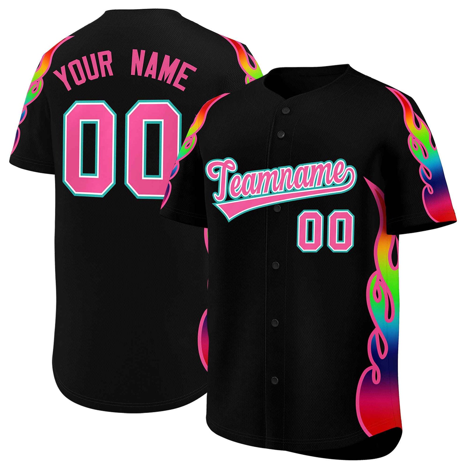 Custom Black Graffiti Pattern Personalized Multicolored Flames Print Authentic Baseball Jersey